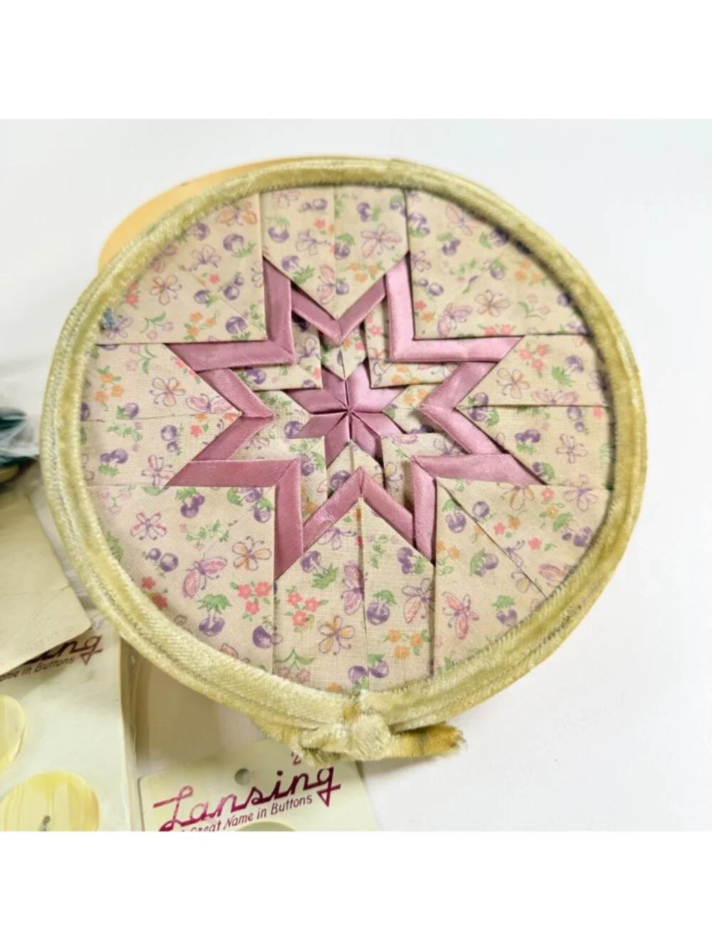 Vintage Round Button & Floral Star Design Quilted Fabric Storage Box